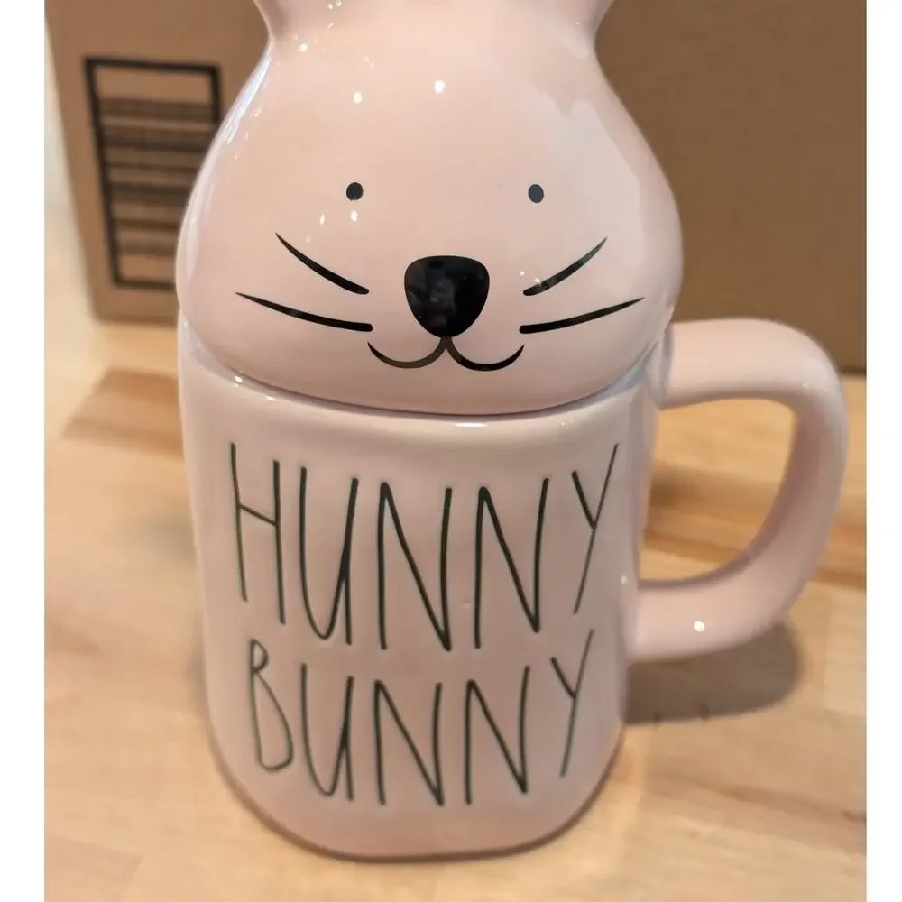 Rae Dunn Magenta Hunny Bunny Pastel Pink Ceramic Coffee Tea Mug Bunny Ears Lid